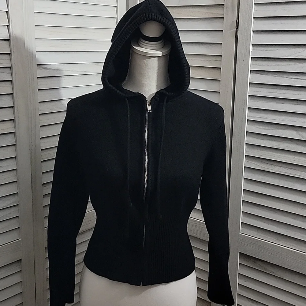Orange Kiss Black Ribbed Cropped Knit Hoodie Zipper Cardigan